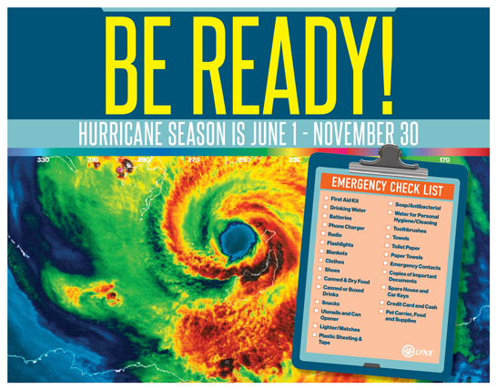 image of hurricane swirl with an emergency check list.