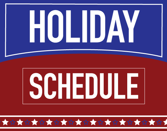 Blue and red background with decorative stars and says holiday schedule