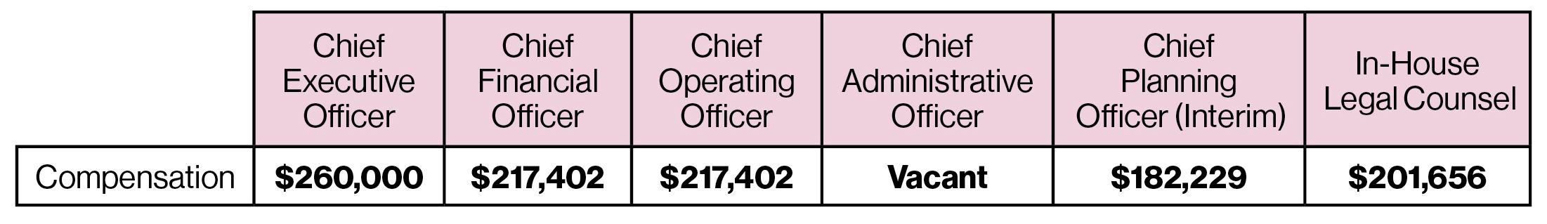 Chart of executive management level employees compensation.